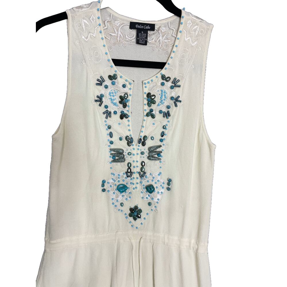 Boho Turquoise Beaded Embroidered Sleeveless Shirt Size Small Coastal Beach - Picture 3 of 5